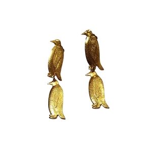 Gold Penguin Drop Earrings Clips